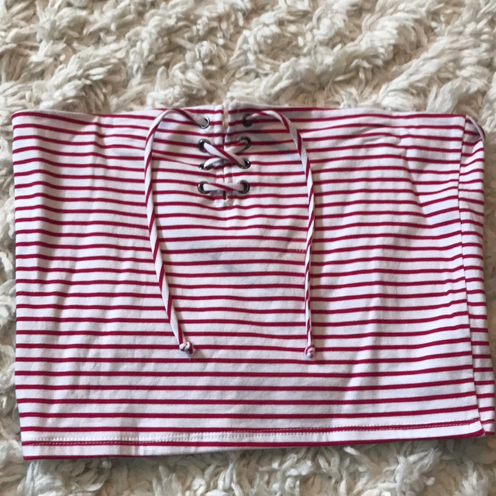 Red and white lace up tube top